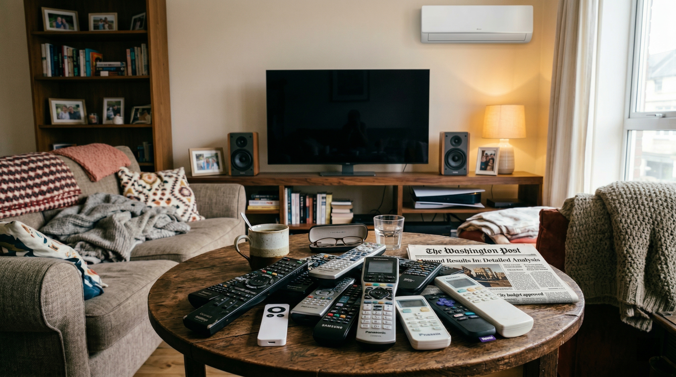 modern living room with one universal remote controlling tv soundbar and streaming device